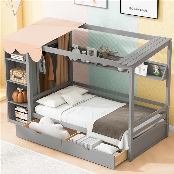 Twin size House Bed with Two Drawers and Wardrobe,Gray