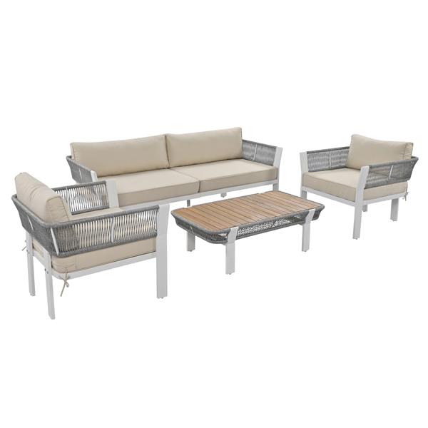 4-Piece Outdoor Patio Conversation Set with Coffee Table and Soft Waterproof Cushions for Garden, Poolside and Backyard(Gray Rope+Beige Cushion)