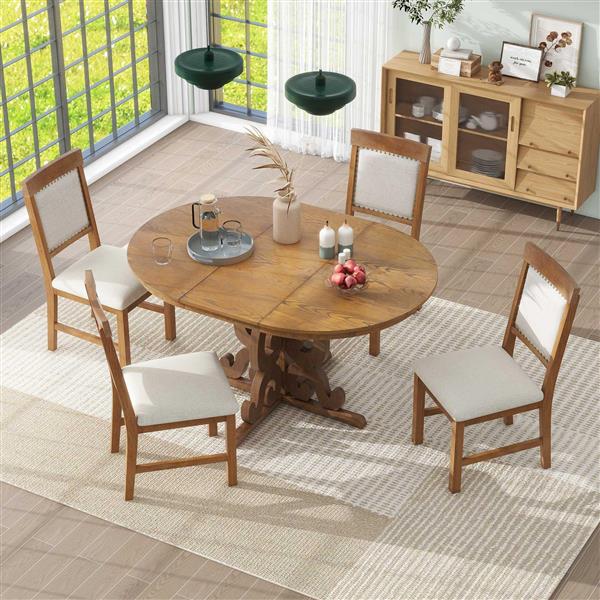 5-Piece Retro Functional Dining Set, 1 Extendable Table with a 16-inch Leaf and 4 Upholstered Chairs for Dining Room and Kitchen (Walnut)