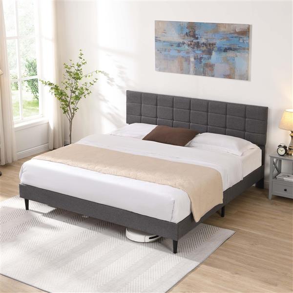 King Size Platform Bed Frame with Fabric Upholstered Headboard and Wooden Slats, No Box Spring Needed/Easy Assembly, Dark Grey