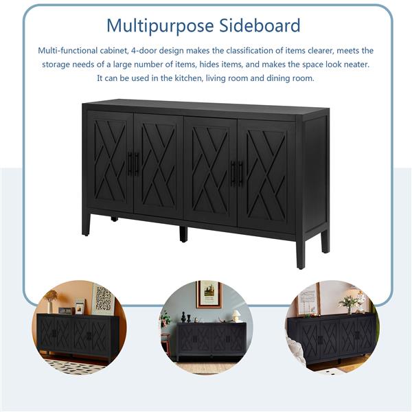 Four Door Wooden Twill Sideboard American Country Vintage Old Living Room Dining Room Hallway Entryway Cabinet (BLACK)