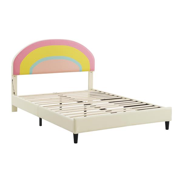 Full Size Upholstered Platform Bed with Rainbow Shaped and Height-adjustbale Headboard,LED Light Strips,Beige