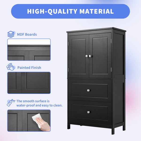 Bathroom Storage Cabinet, Cabinet with Two Doors and Drawers, Adjustable Shelf, MDF Board, Black 