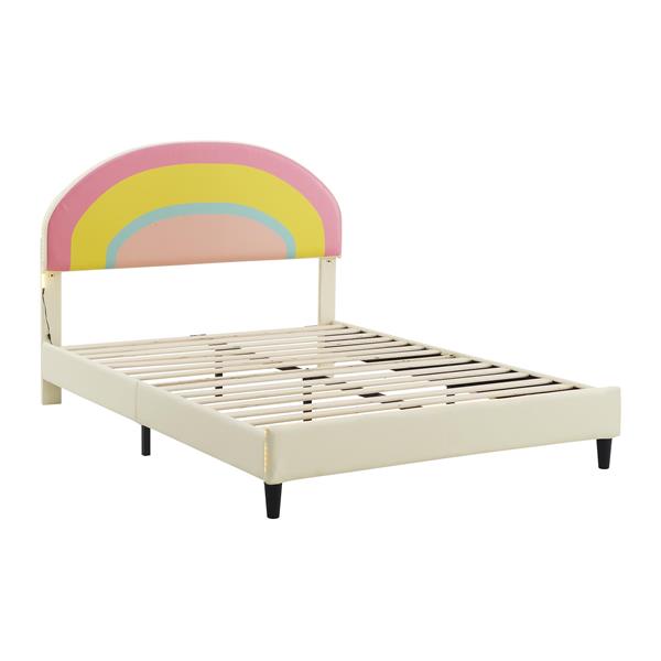 Full Size Upholstered Platform Bed with Rainbow Shaped and Height-adjustbale Headboard,LED Light Strips,Beige