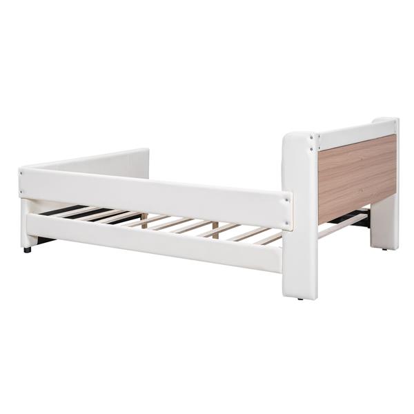 Full Size Upholstered Platform Bed with Guardrail, Storage Headboard and Footboard, Beige