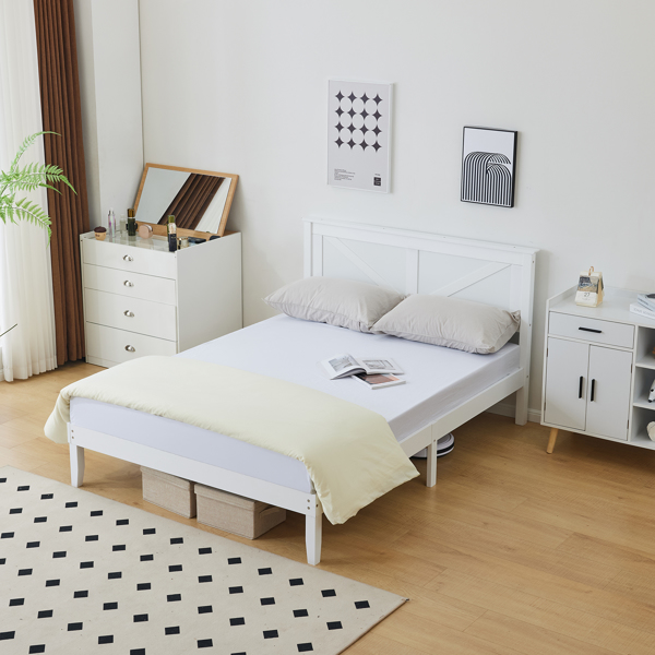 Queen Size Solid Wood Platform Bed Frame with Headboard White