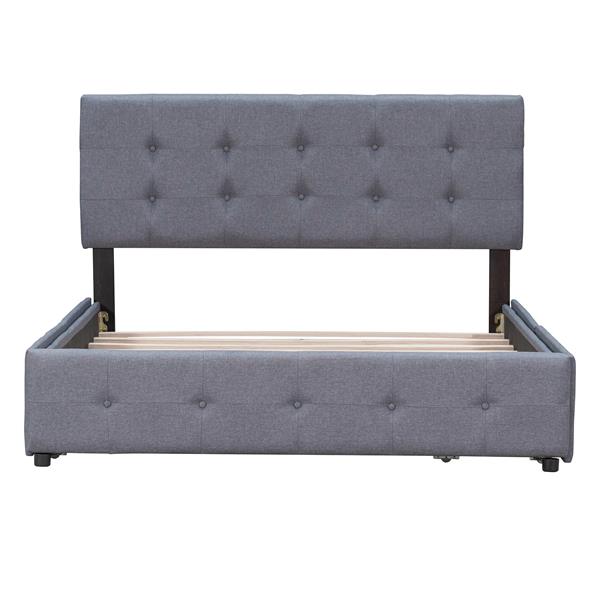 Upholstered Platform Bed with Classic Headboard and 4 Drawers, No Box Spring Needed, Linen Fabric, Queen Size Dark gray