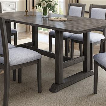 7-Piece Updated 76.9inch Extendable Trestle Dining Table Set with Removable Leaf, Kitchen Table Set with Upholstered Side Chair and Arm Chair, Set of 6, Grey