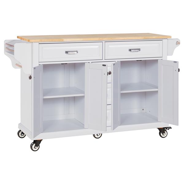 Kitchen Island with Rubber wood Countertop, Kitchen Cart on 5 Wheels with Storage Cabinet and 5 Drawers for Dinning Room, White