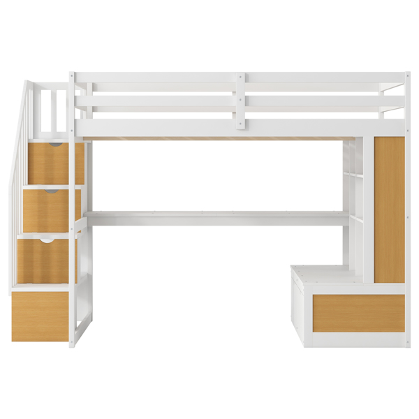 Full Size Loft Bed with Desk and Shelves, Two Built-in Drawers, Storage Staircase, White and Natural 