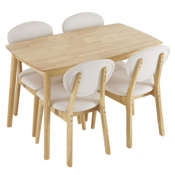 Disassembly rubber wood soft package wood color dining table and chair set 1 table 4 chair beige cushion rectangular