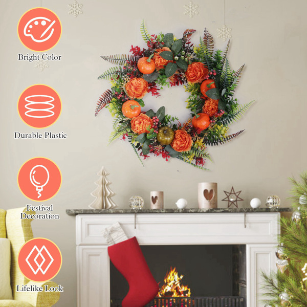 17.71" Autumn Wreath with Pumpkin Mixed Leaves Berries Flowers Fall Decoration for Indoor Outdoor Window Wall Front Door in Halloween Thanks Giving Day