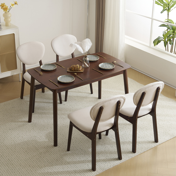 Rubber wood soft bag deep walnut dining table and chair set 1 table 4 chairs beige cushion rectangular