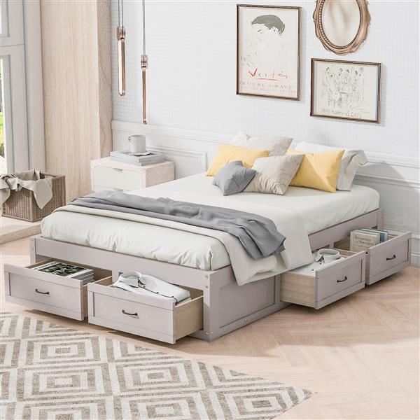 Full Size Platform Bed with 6 Storage Drawers,Antique White