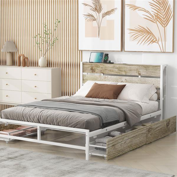 Metal Platform Bed With Four drawers, Sockets and USB Ports, Full, White