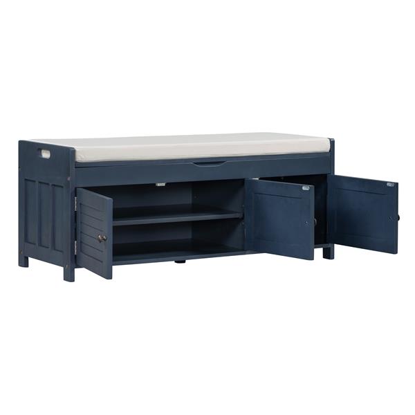 Storage Bench with 3 Shutter-shaped Doors, Shoe Bench with Removable Cushion and Hidden Storage Space (Antique Navy)