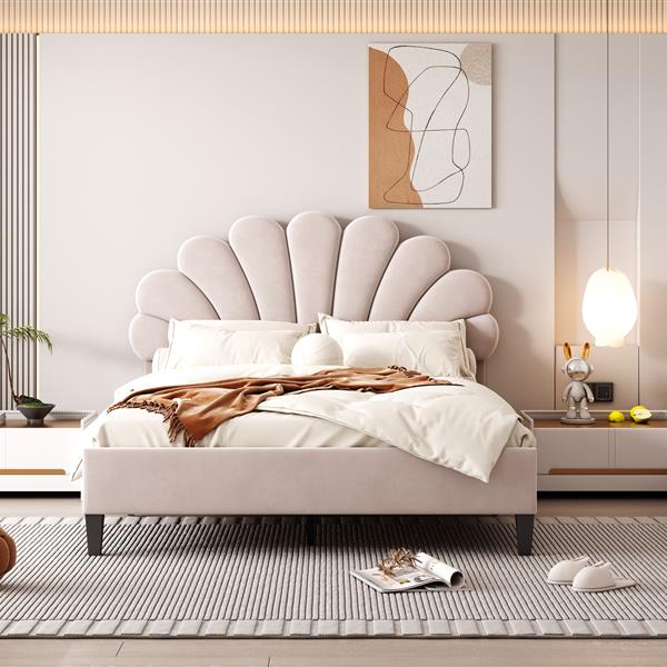 Full Size Upholstered Platform Bed with Flower Pattern Velvet Headboard, Beige