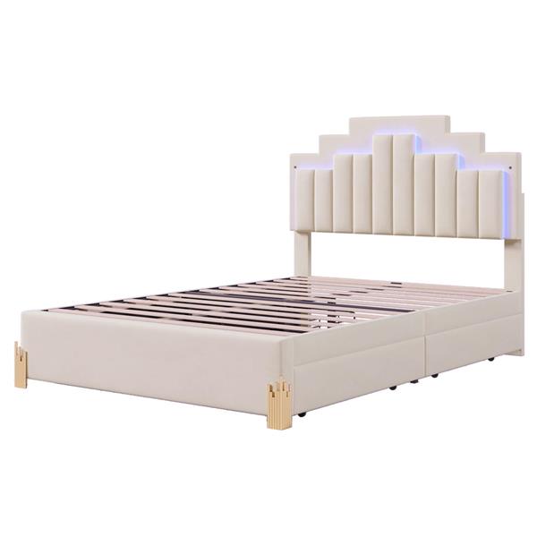 Full Size Upholstered Platform Bed with LED Lights and 4 Drawers, Stylish Irregular Metal Bed Legs Design, Beige