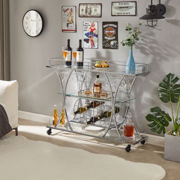 Electroplated Glass Bar Cart, With Wine Rack And Glass Holder, For Kitchen, Serving, Hotel  Silver