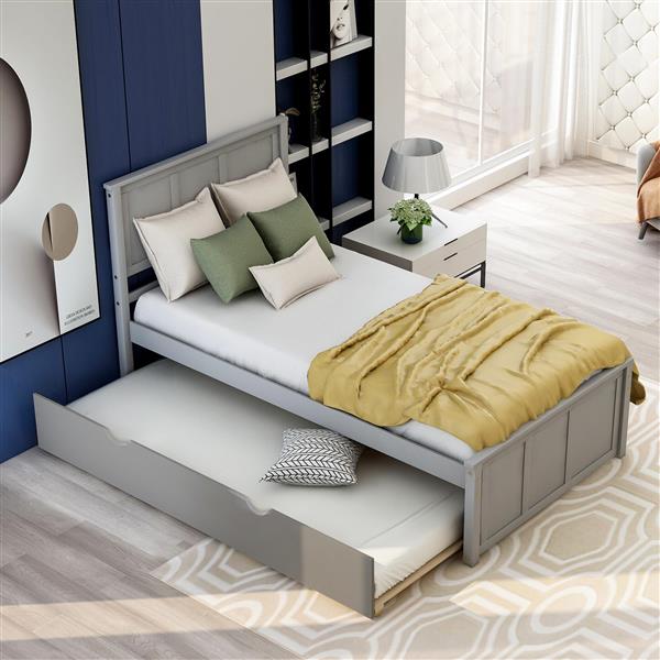 Platform Bed with Twin Size Trundle, Twin Size Frame, Gray