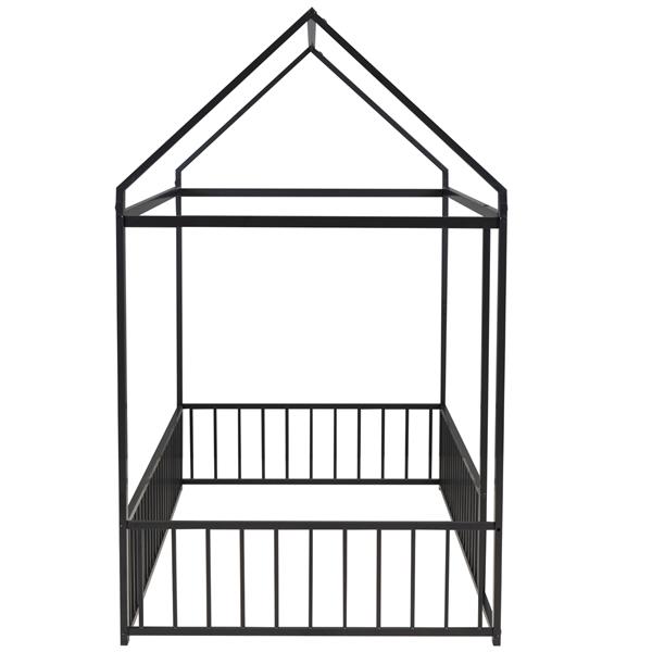 Twin Size Metal Bed House Bed Frame with Fence, for Kids, Teens, Girls, Boys, Black