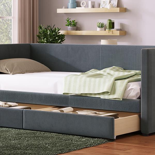 Twin Size Corduroy Daybed with Two Drawers and Wood Slat, Gray