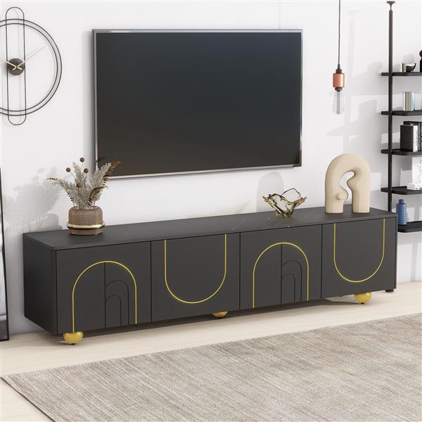 Modern TV Stand for TVs up to 75 Inches, Entertainment Center with Storage Cabinets and 1 Adjustable Shelf, Media Console with Marble-patterned Top and Golden Round Metal Legs for Living room