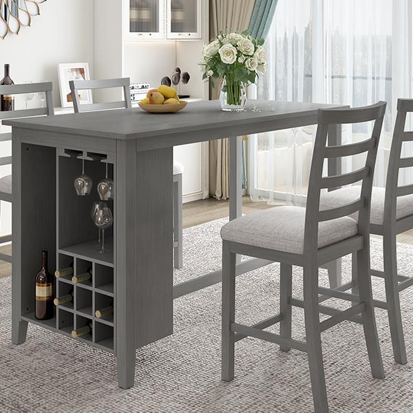 5-Piece Multi-Functional Rubber Wood Counter Height Dining Set with Padded Chairs and Integrated 9 Bar Wine Compartment, Wineglass Holders for Dining Room (Gray)