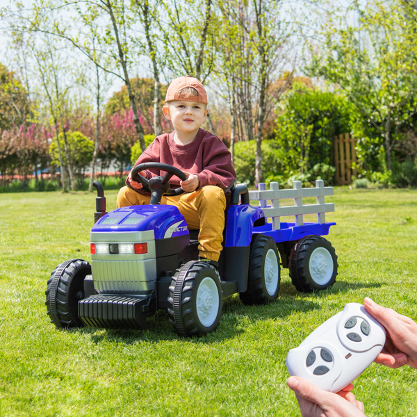 Blue, 12V7AH Battery-Powered Toy Tractor with Trailer, Remote Control, Kids' Electric Excavator Vehicles with 2x35W Dual Motor, Treaded Tires, LED Lights, USB, Music,   - Gifts for Boy, Girl