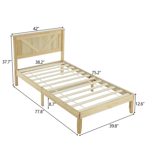 Twin Size Solid Wood Platform Bed Frame with Headboard Natural