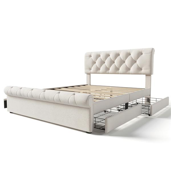 Full size Upholstered Platform bed with Four Drawers, Antique Curved Headboard, Linen Fabric, Beige (without mattress)