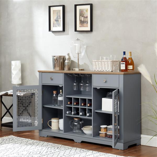 Modern Farmhouse Buffet Cabinet, Sideboard with 2 Drawers and Elegant Glass Door Cabinets, Wine and Glass Rack, Coffee Bar for Kitchen, Dining Room, Light Blue and Light Oak, 56.46"W*15.55"D*35.74"H