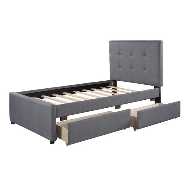 Linen Upholstered Platform Bed With Headboard and Two Drawers, Twin