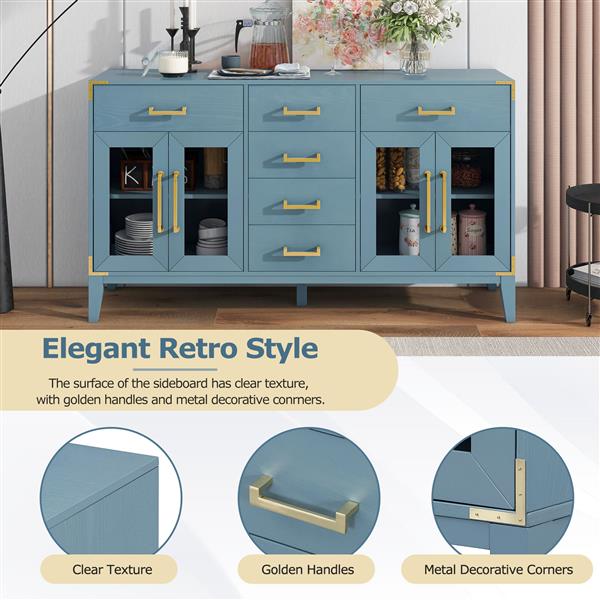 6-drawer and 2-Cabinet Retro Sideboard with Extra Large Storage Space, with ld Handles and Solid Wood Legs, for Kitchen and Living Room (Antique Blue)