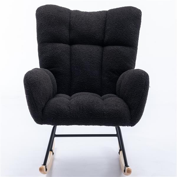 Rocking Chair with Pocket, Soft Teddy Fabric Rocking Chair for Nursery, Comfy Wingback Glider Rocker with Safe Solid Wood Base for Living Room Bedroom Balcony (black)