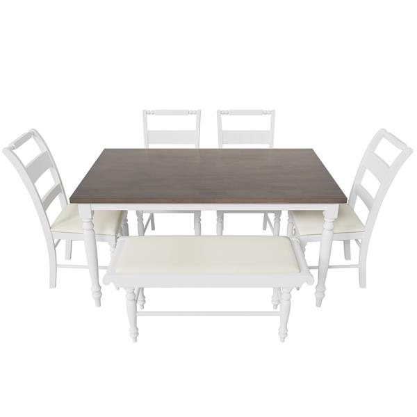 6-peice Dining Set with Turned Legs, Kitchen Table Set with Upholstered Dining Chairs and Bench,Retro Style, White