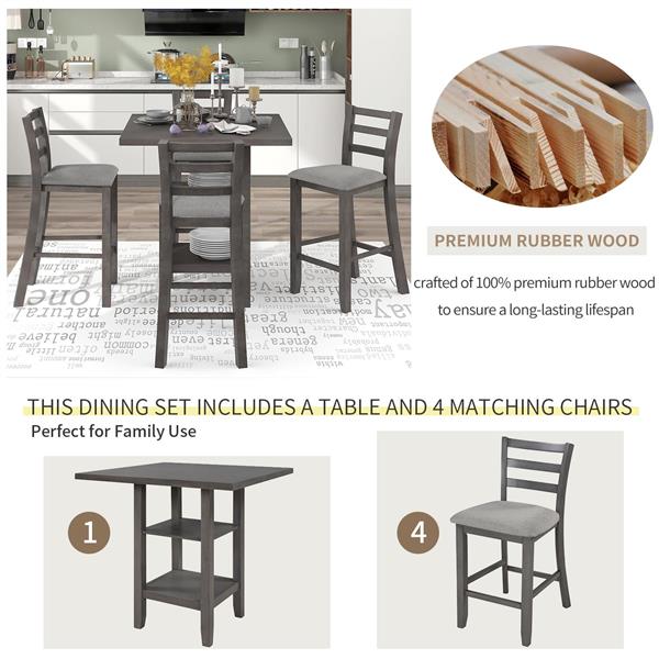 5-Piece Wooden Counter Height Dining Set with Padded Chairs and Storage Shelving (Gray)