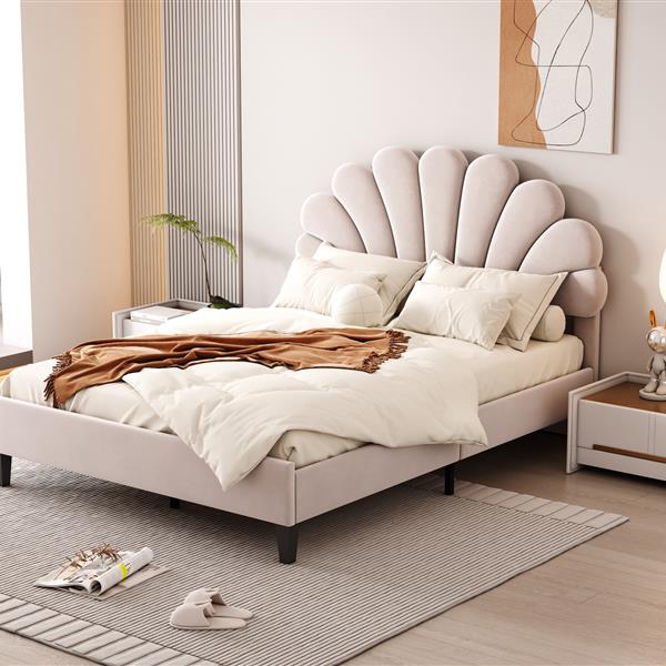 Full Size Upholstered Platform Bed with Flower Pattern Velvet Headboard, Beige