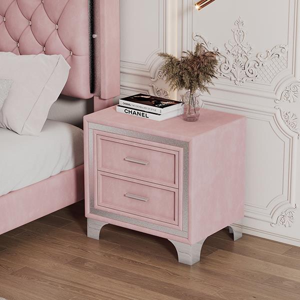 Mid Century Vintage Nightstand with Metal Legs for Bedroom, Velvet Bedside Table with 2 Drawers, Fully Assembled Except Legs and Handles, Pink