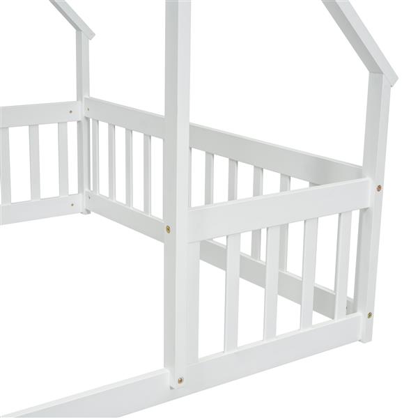 Full Wood House-Shaped Floor Bed with Fence, Guardrails,White