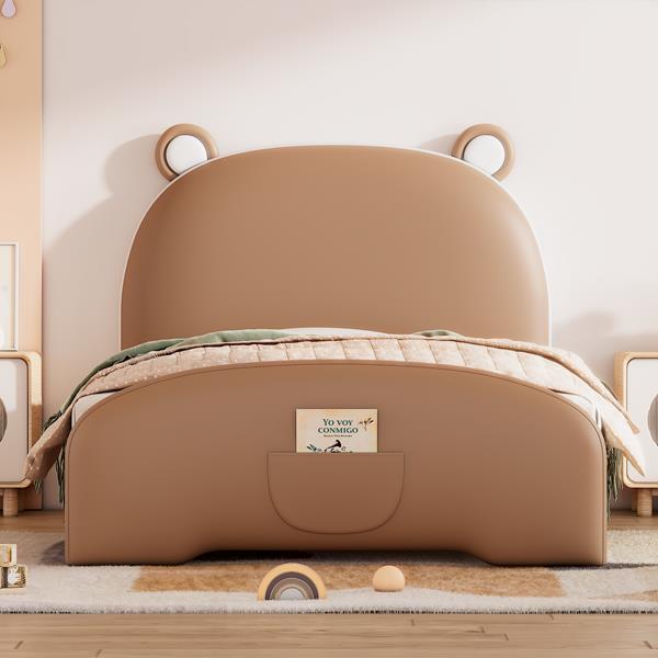 Twin Size Upholstered Platform Bed with Bear-shaped Headboard and Footboard,Brown+White