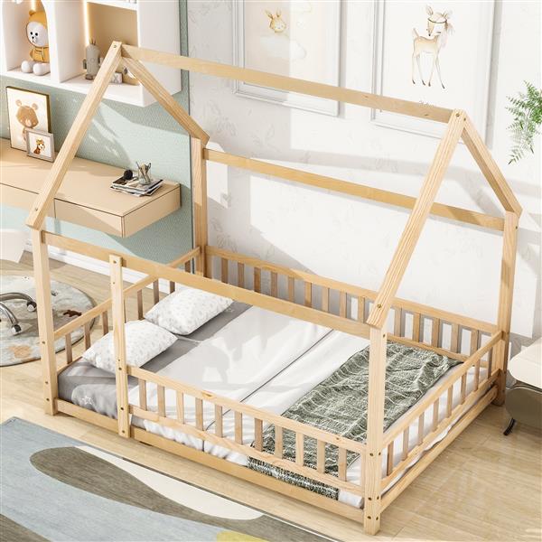 Full Size Floor Wooden Bed with House Roof Frame, Fence Guardrails ,Natural