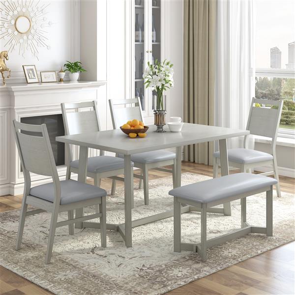 Farmhouse 6-Piece Wood Dining Table Set with 4 Upholstered Chairs and Bench, Gray