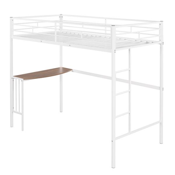 Twin Metal Loft Bed with Desk, Ladder and Guardrails, Loft Bed for Bedroom, White