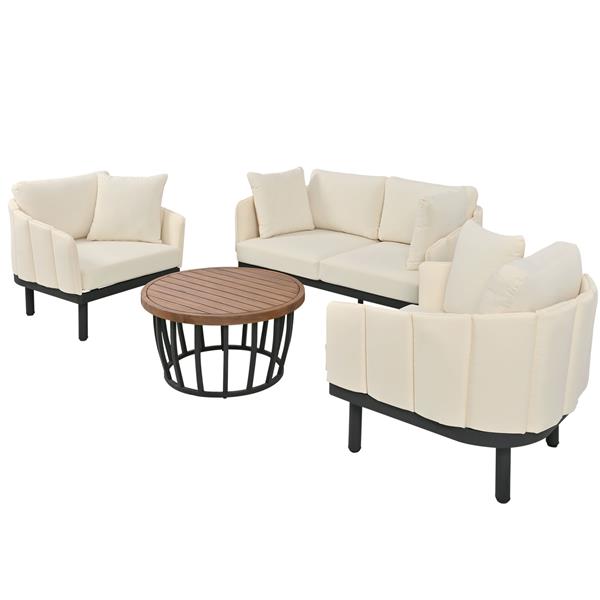 Luxury Modern 4-Piece Outdoor Iron Frame Conversation Set, Patio Chat Set with Acacia Wood Round Coffee Table for Backyard, Deck, Poolside, Indoor Use, Loveseat+Arm Chairs, Beige