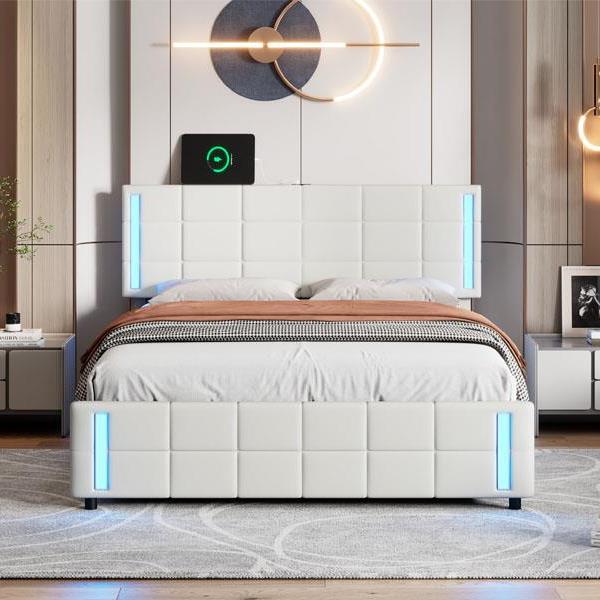 Queen Size Upholstered Platform Bed with LED Lights and USB Charging, Storage Bed with 4 Drawers, White