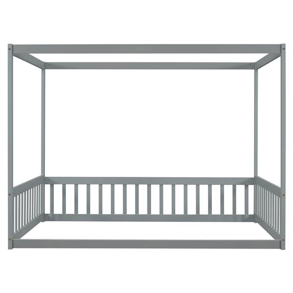 Full Size Canopy Frame Floor Bed with Fence, Guardrails,Grey