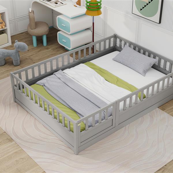 Full size  Floor bed, integral construction with super high security barrier, door, children's floor bed frame, Montessori wooden children's floor bed,  Grey