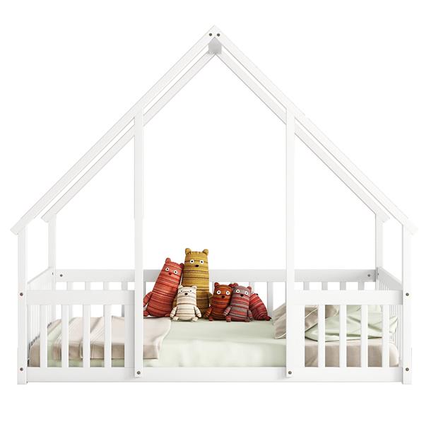 Full Wood House-Shaped Floor Bed with Fence, Guardrails,White