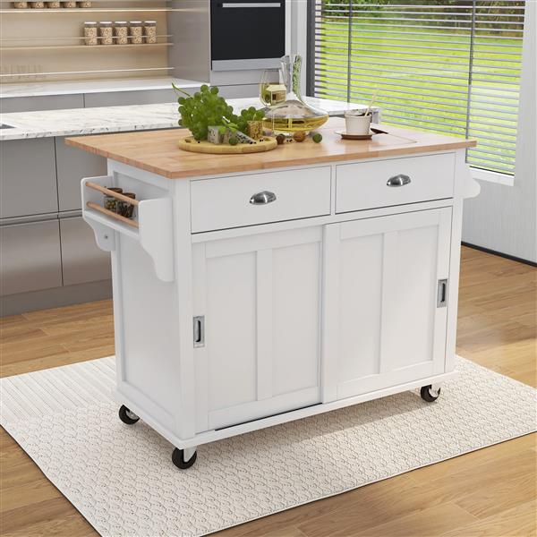 Kitchen Cart with Rubber wood Drop-Leaf Countertop, Concealed sliding barn door adjustable height,Kitchen Island on 4 Wheels with Storage Cabinet and 2 Drawers,L52.2xW30.5xH36.6 inch, White